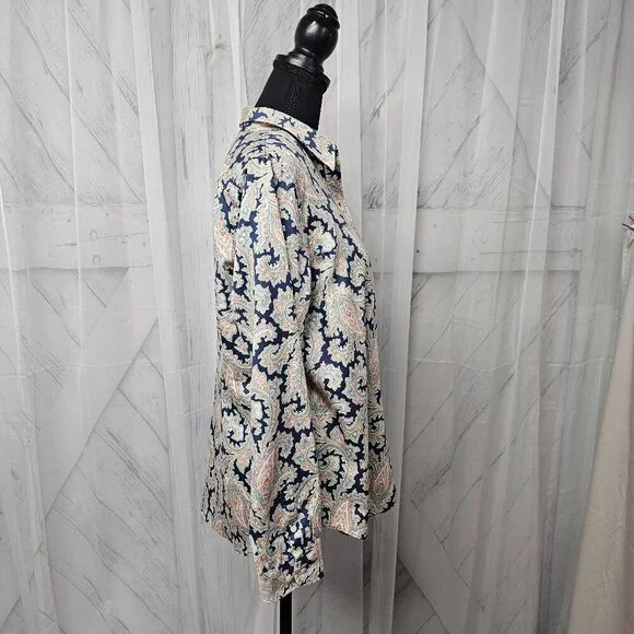 Chaps Navy Blue Pink Paisley Button-Down Long Sleeve Boho Blouse Size PXL - Picture 5 of 12